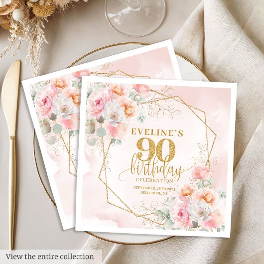 Feminine blush pink gold 90th birthday celebration スタンダードランチョンナプキン