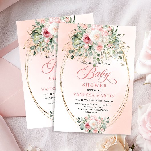 Feminine Blush Rose Gold Girl Baby Shower Invite 招待状