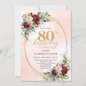 Feminine Boho Floral Burgundy 80th Birthday Invite 招待状 (正面)