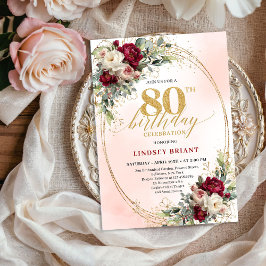 Feminine Boho Floral Burgundy 80th Birthday Invite 招待状
