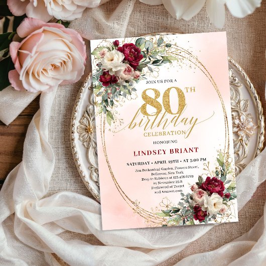 Feminine Boho Floral Burgundy 80th Birthday Invite 招待状