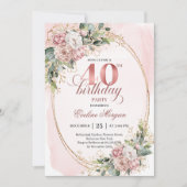 Feminine Boho Pastel Pink Floral 40th Birthday 招待状 (正面)