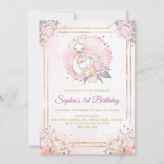 Feminine Boho Swan Princess Pink Blush Birthday 招待状 (正面)
