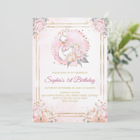 Feminine Boho Swan Princess Pink Blush Birthday 招待状 (スタンド正面)