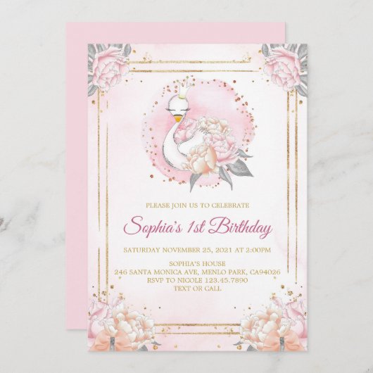 Feminine Boho Swan Princess Pink Blush Birthday 招待状 (正面/裏面)