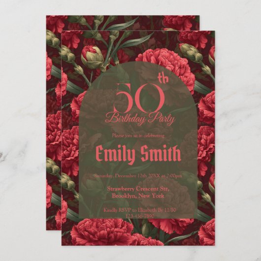 Feminine Carnation Charm First Birthday Gift 招待状 (正面/裏面)