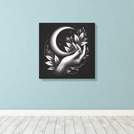 Feminine Crescent Moon Botanical Minimal キャンバスプリント (インサイチュ (ウッドフロア))