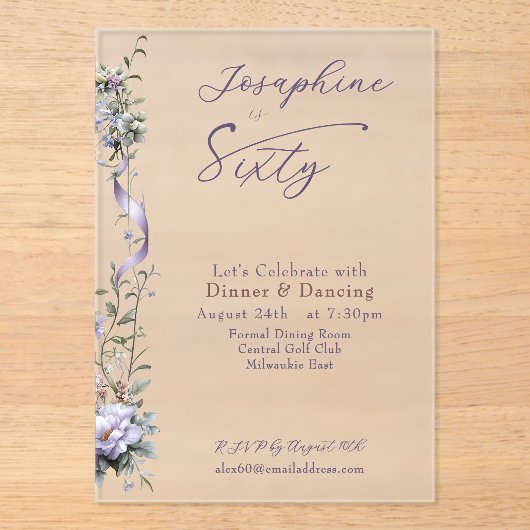 Feminine Dusty Blue Wildflower Sixtieth Birthday アクリル招待状 (正面)
