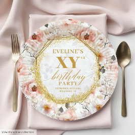Feminine Floral Ivory Gold Birthday Paper Plates ペーパープレート