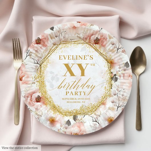 Feminine Floral Ivory Gold Birthday Paper Plates ペーパープレート