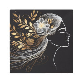 Feminine Flow: Gold Botanicals on Black メタルプリント