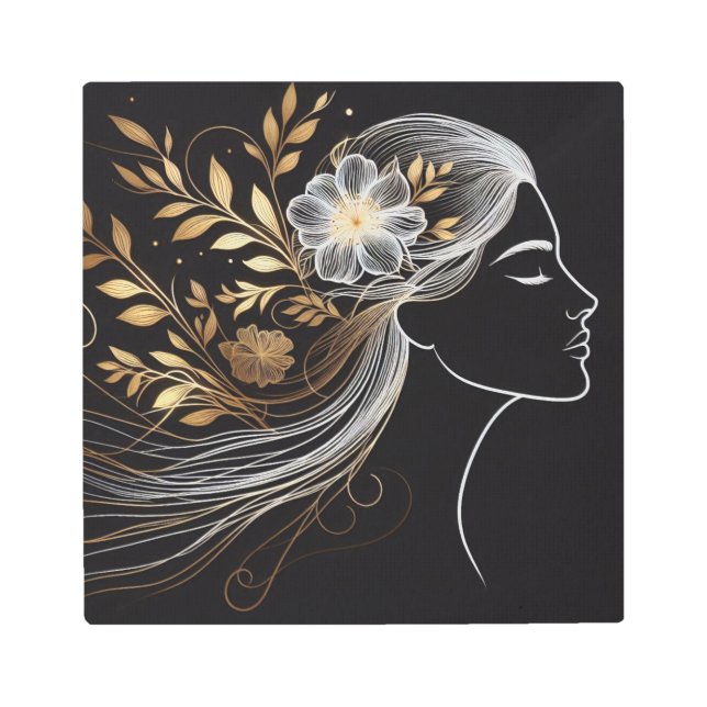 Feminine Flow: Gold Botanicals on Black メタルプリント (正面)