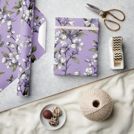 Feminine Lavender Lilac Blossom Floral Pattern ラッピングペーパー (クラフト)