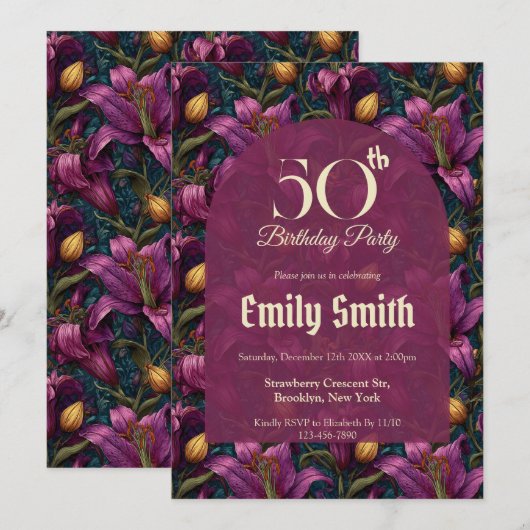 Feminine Lilies Sparkle Surprise Birthday 招待状 (正面/裏面)