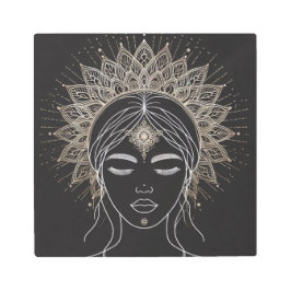 Feminine Line Art with Golden Mandala Crown メタルプリント