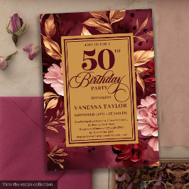 Feminine marsala blush gold floral 50th birthday  招待状
