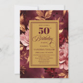 Feminine marsala blush gold floral 50th birthday  招待状 (正面)