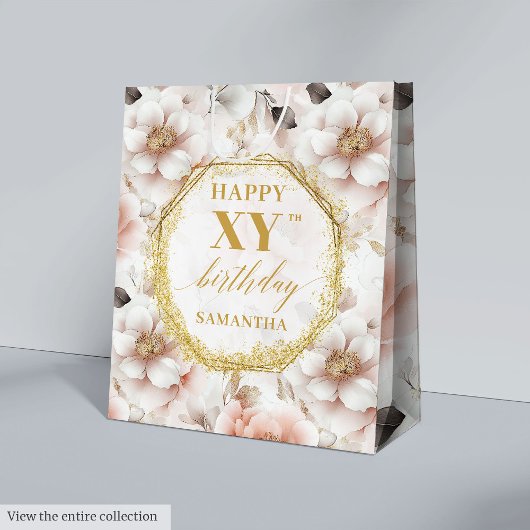 Feminine Pastel Pink Rustic Gold Birthday Gift Bag ミディアムペーパーバッグ