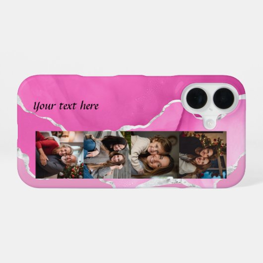 Feminine Pink & Silver Glitter Agate 4 photos iPhone 16ケース (裏面横)
