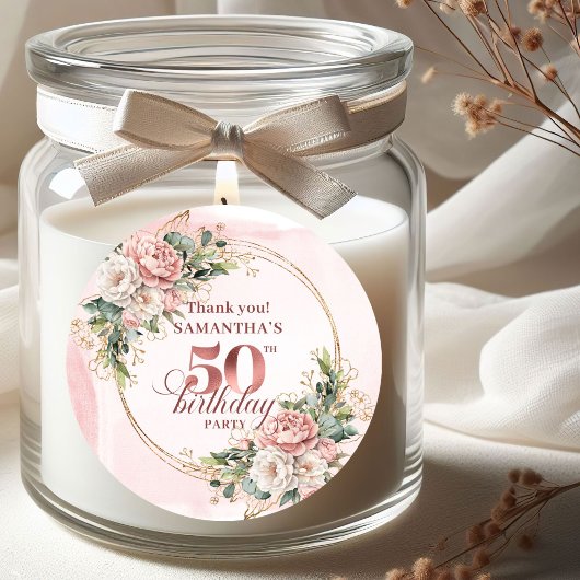 Feminine Rose Gold Blush Floral 50th Birthday  ラウンドシール
