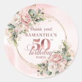 Feminine Rose Gold Blush Floral 50th Birthday  ラウンドシール (正面)