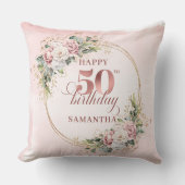 Feminine Rose Gold Blush Floral 50th Birthday Gift クッション (正面)