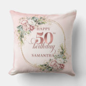Feminine Rose Gold Floral 50th Birthday Pillow Gif クッション (正面)