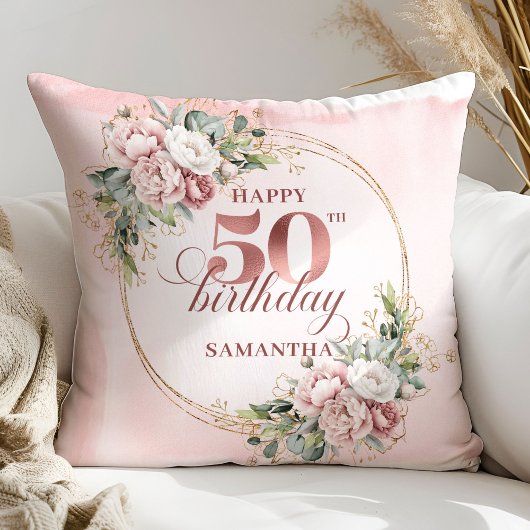 Feminine Rose Gold Floral 50th Birthday Pillow Gif クッション