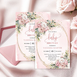 Feminine Rose Gold Floral Eucalyptus Baby Shower  招待状