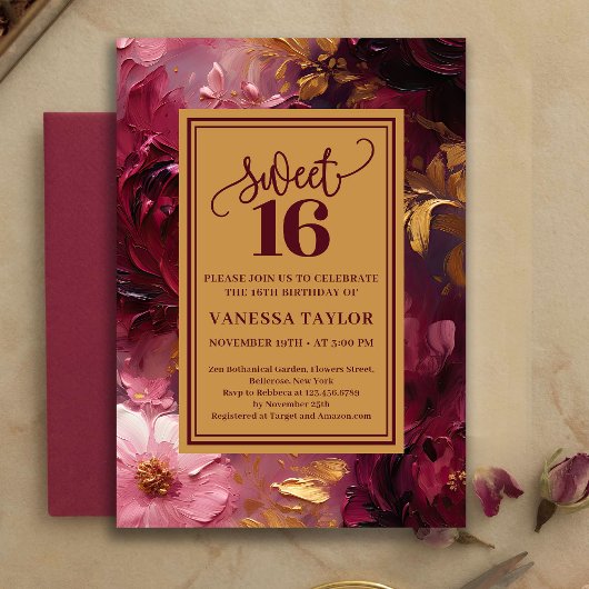 Feminine Sweet Sixteen Burgundy Floral Gold Invite 招待状