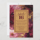 Feminine Sweet Sixteen Burgundy Floral Gold Invite 招待状 (正面)