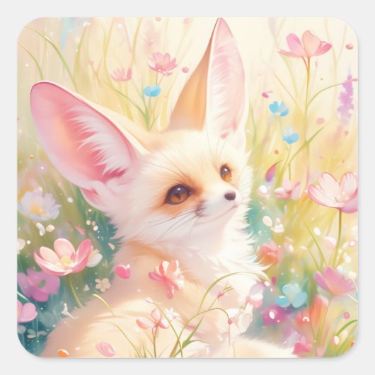 Fennecキツネが咲く草地で休む スクエアシール (正面)