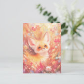 Fennec Fox Peeking Through Pink Wildflower Meadow ポストカード (スタンド正面)