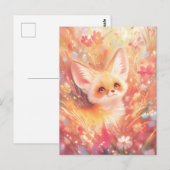 Fennec Fox Peeking Through Pink Wildflower Meadow ポストカード (正面/裏面)