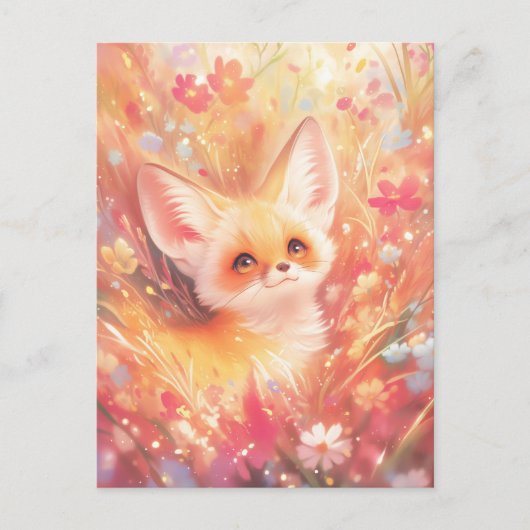 Fennec Fox Peeking Through Pink Wildflower Meadow ポストカード (正面)