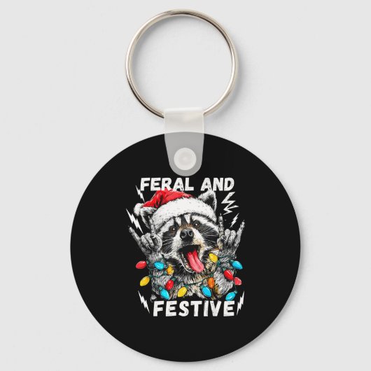 Feral And Festive Funny Christmas Rocker Raccoon S キーホルダー (正面)