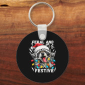 Feral And Festive Funny Christmas Rocker Raccoon S キーホルダー (正面)