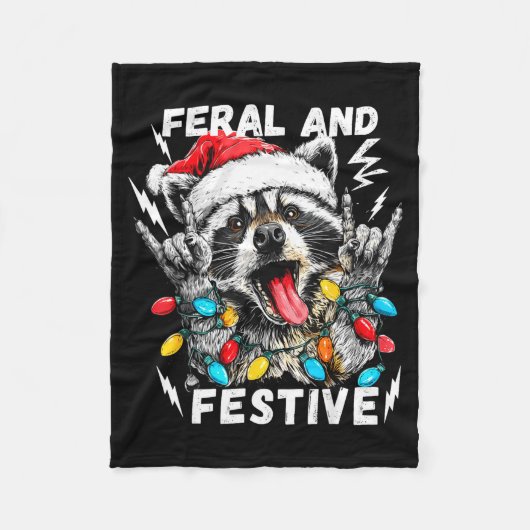Feral And Festive Funny Christmas Rocker Raccoon S フリースブランケット (正面)