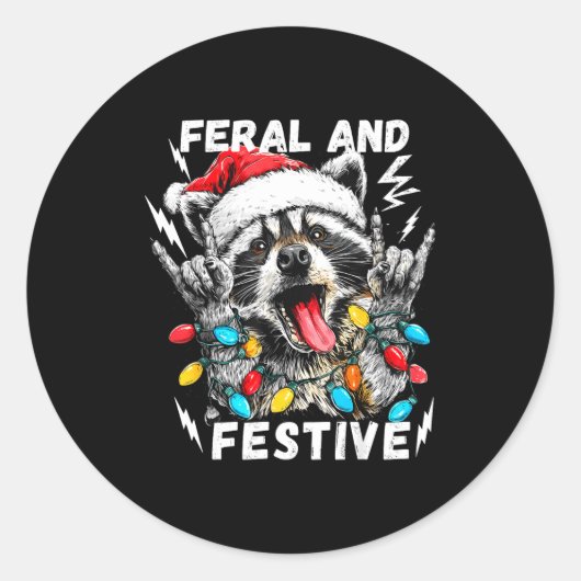 Feral And Festive Funny Christmas Rocker Raccoon S ラウンドシール (正面)