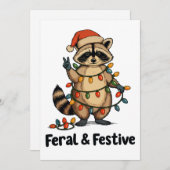 Feral And Festive Raccoon Christmas Xmas Lights シーズンカード (正面/裏面)