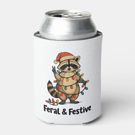 Feral And Festive Raccoon Christmas Xmas Lights 缶クーラー (缶正面)