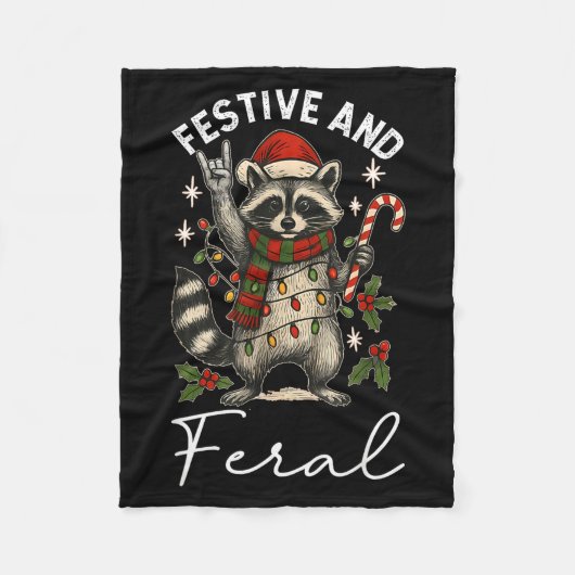 Feral And Festive Raccoon Santa Hat Christmas Ligh フリースブランケット (正面)