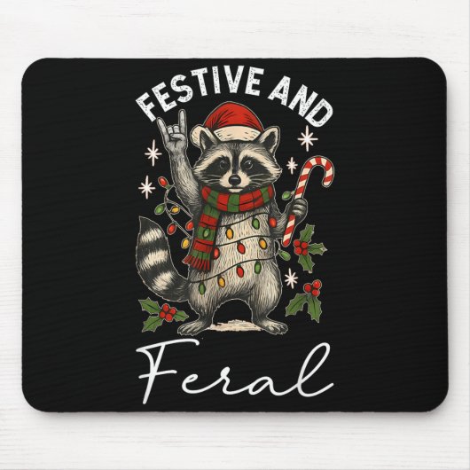 Feral And Festive Raccoon Santa Hat Christmas Ligh マウスパッド (正面)
