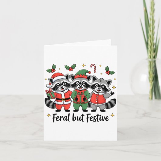 Feral But Festive Funny Christmas Cute Raccoon Elf カード (正面)