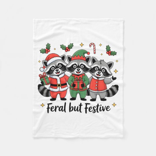 Feral But Festive Funny Christmas Cute Raccoon Elf フリースブランケット (正面)