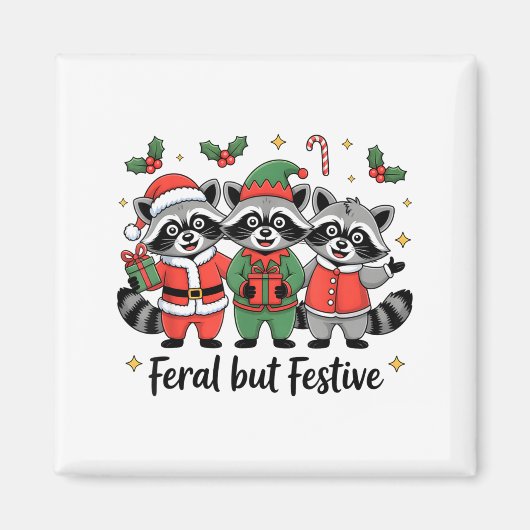 Feral But Festive Funny Christmas Cute Raccoon Elf マグネット (正面)