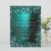 Fernの葉のフレームに飾られたクリスタル ターコイズ アクアティック フォーマル 招待状 (スタンド正面)