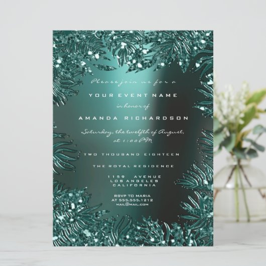 Fernの葉のフレームに飾られたクリスタル ターコイズ アクアティック フォーマル 招待状 (スタンド正面)