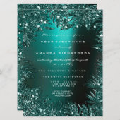 Fernの葉のフレームに飾られたクリスタル ターコイズ アクアティック フォーマル 招待状 (正面/裏面)