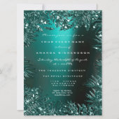 Fernの葉のフレームに飾られたクリスタル ターコイズ アクアティック フォーマル 招待状 (正面)